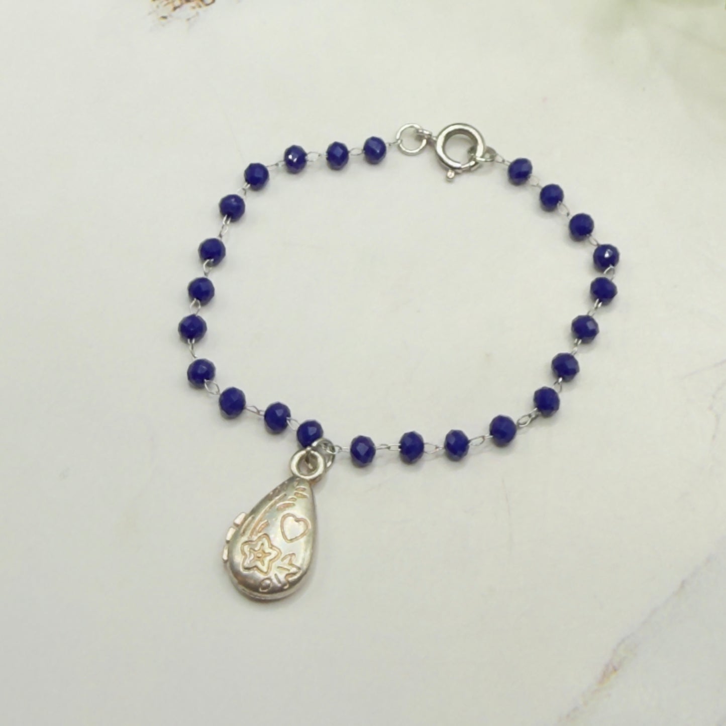 Blue Glass Crystal Beaded Chain Silver Teardrop Heart Flower Design Pendant Doll Necklace • 18 Inch Fashion Doll Jewelry