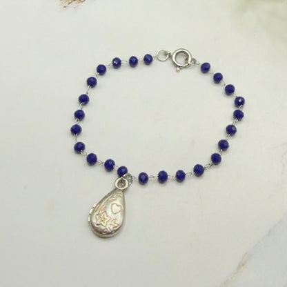Blue Glass Crystal Beaded Chain Silver Teardrop Heart Flower Design Pendant Doll Necklace • 18 Inch Fashion Doll Jewelry