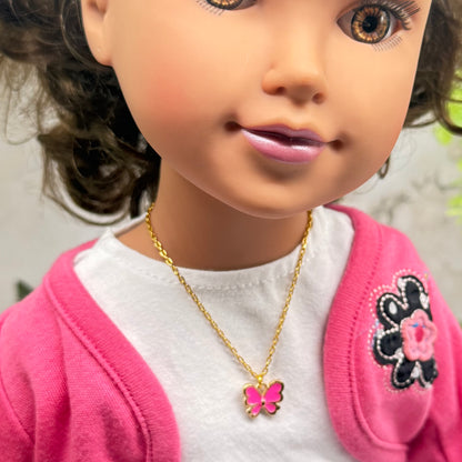 Pink Enamel Butterfly Charm Gold Doll Necklace • 18 Inch Fashion Doll Jewelry