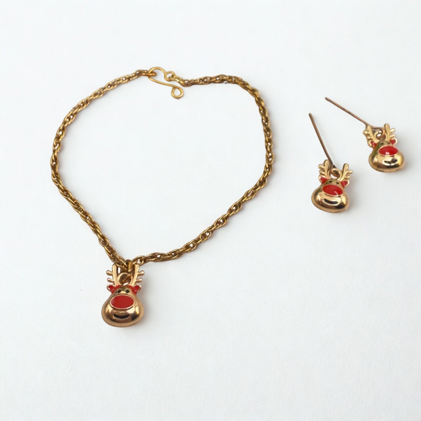 Copper Rose Gold Tone Rudolph Red Nose Reindeer Doll Necklace & Earrings Set • 18 Inch Fashion Doll Jewelry