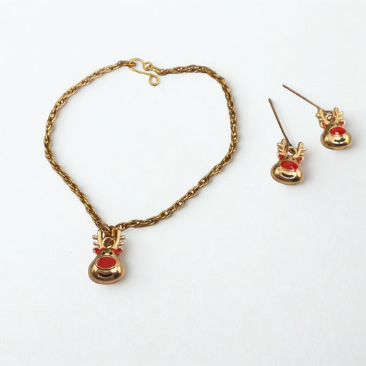 Copper Rose Gold Tone Rudolph Red Nose Reindeer Doll Necklace & Earrings Set • 18 Inch Fashion Doll Jewelry
