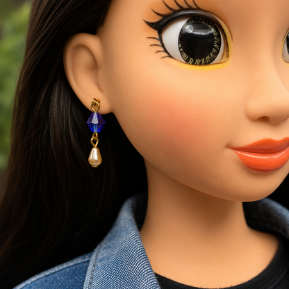 Blue Glass Crystal & Pearl Dangle Doll Earrings • 18 Inch Fashion Doll Jewelry