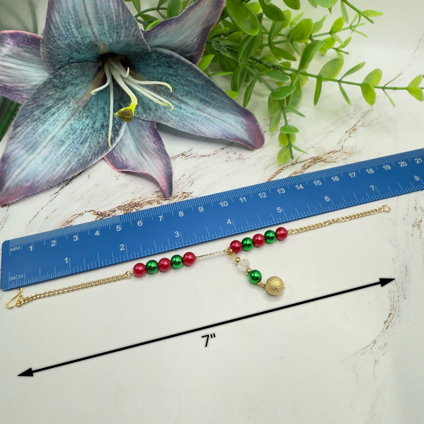 Green & Pinkish Red Pearly Bead Gold Chain Christmas Doll Necklace • 18 Inch Fashion Doll Jewelry