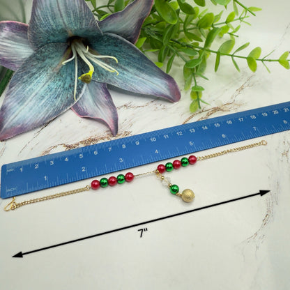Green & Pinkish Red Pearly Bead Gold Chain Christmas Doll Necklace • 18 Inch Fashion Doll Jewelry