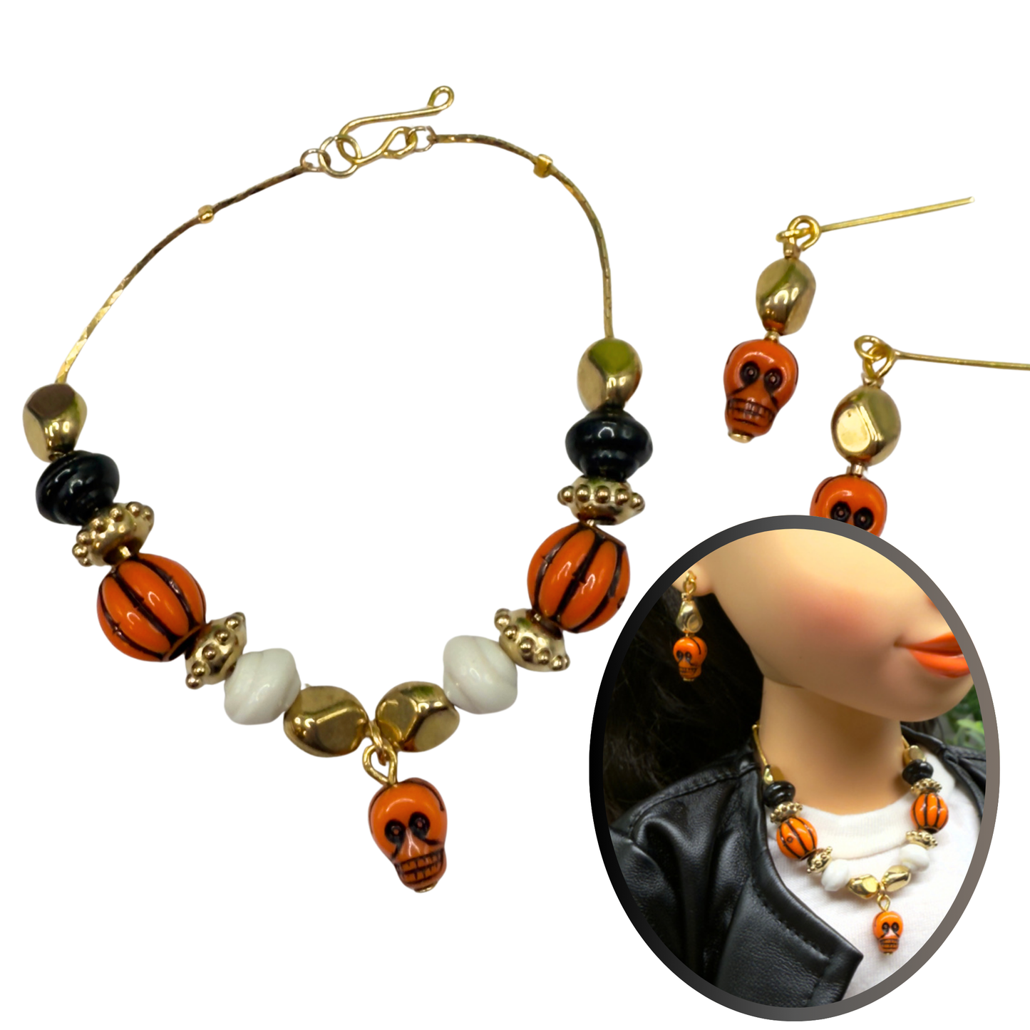 Skull Charm Halloween Acrylic Slide Bead Gold Chain Doll Necklace and Earrings Set • 18 Inch Fashion Doll Jewelry