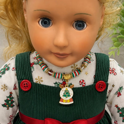 Christmas Snow Globe Charm Acrylic Beaded White Fabric Cord Doll Necklace • 18 Inch Fashion Doll Jewelry