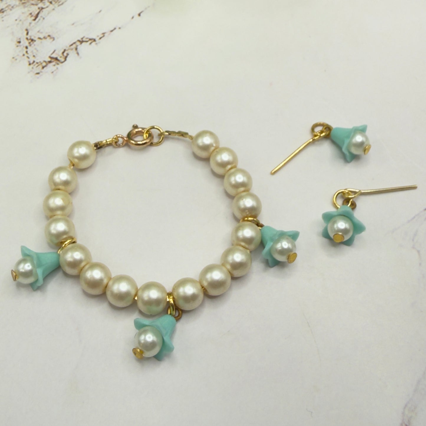 Turquoise Blue Bell Flower Dangle Pearl Beaded Doll Necklace & Earrings • 14 Inch Fashion Doll Jewelry