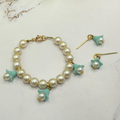 Turquoise Blue Bell Flower Dangle Pearl Beaded Doll Necklace & Earrings • 14 Inch Fashion Doll Jewelry