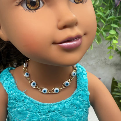 Blue Evil Eye Good Luck Gold Link Doll Necklace • 18 Inch Fashion Doll Jewelry