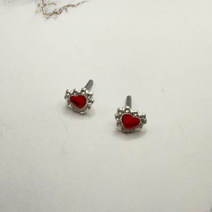 Red Rhinestone Heart Silver Post Doll Earrings • 2mm Post for 18 Inch Fashion Doll