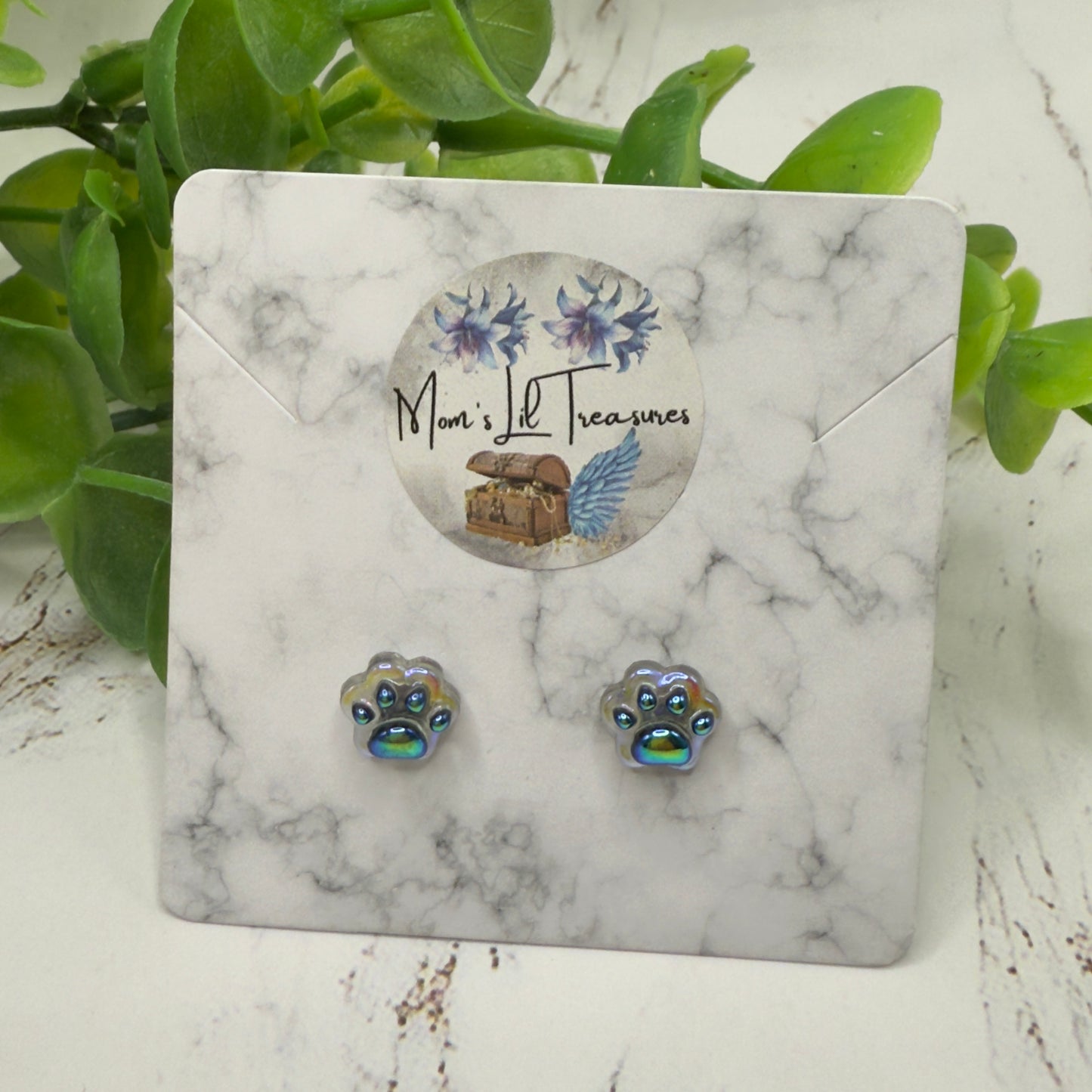 Blue Rainbow Effect Paw Print Post Doll Earrings • 2mm Post 18 Inch Fashion Doll