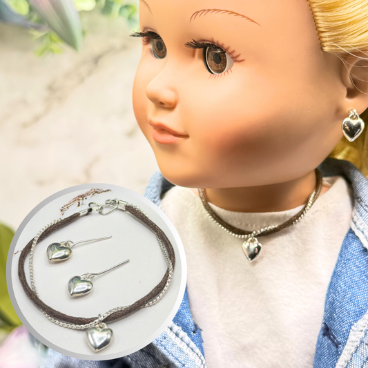 Dual Strand Brown Cord Silver Chain Heart Charm Doll Necklace & Earrings Set • 18 Inch Fashion Doll Jewelry