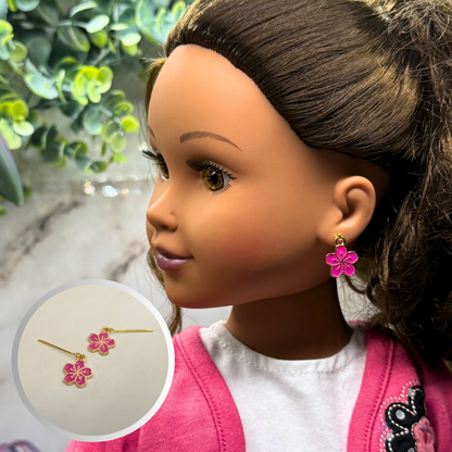 Bright Pink Sakura Cheery Blossom Flower Dangle Doll Earrings • 18 Inch Fashion Doll Jewelry