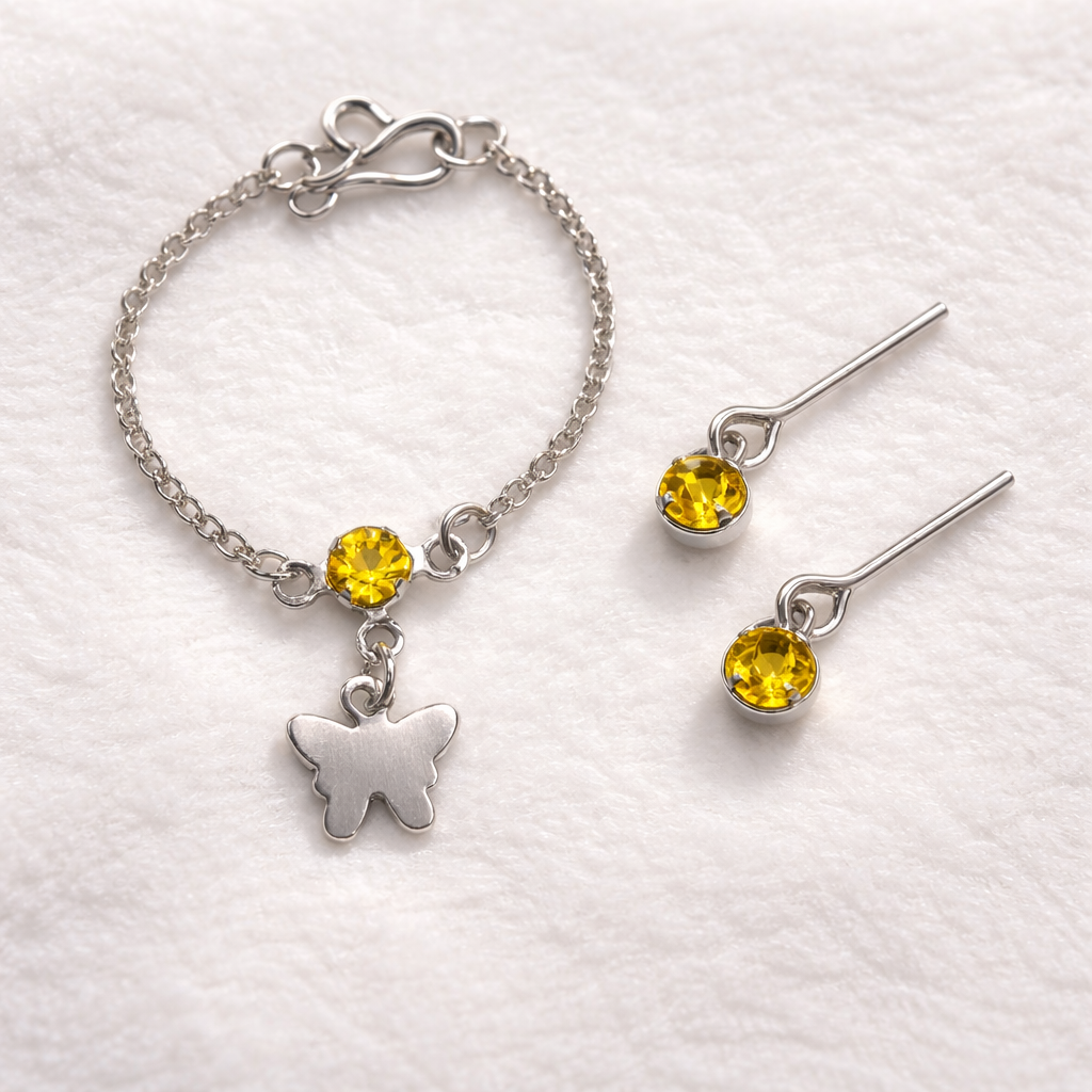 Silver Butterfly Yellow Rhinestone Charm Doll Necklace & Earrings • 10-12 Inch Fashion Doll Jewelry 1:6