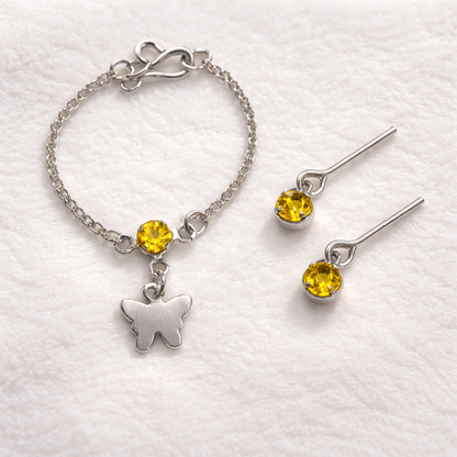Silver Butterfly Yellow Rhinestone Charm Doll Necklace & Earrings • 10-12 Inch Fashion Doll Jewelry 1:6