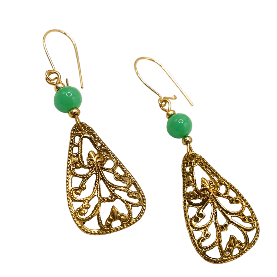 Gold Tone Filigree Design Green Glass Accent Dangle Earrings • Handmade Jewelry