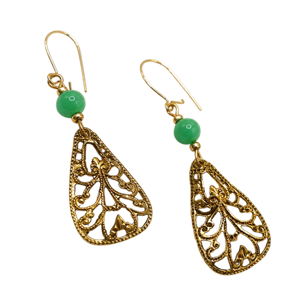 Gold Tone Filigree Design Green Glass Accent Dangle Earrings • Handmade Jewelry