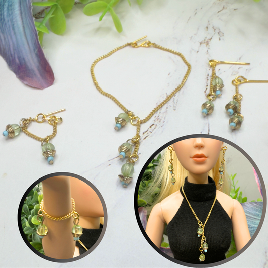 Green Blue Dangle Tassel Style Doll Necklace & Earrings Set • 16 Inch Fashion Doll Jewelry •