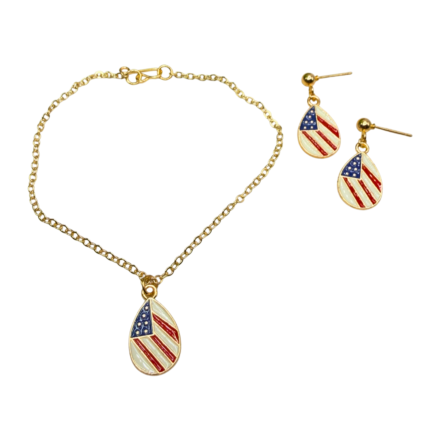 Red White Blue Teardrop Flag Patriotic Gold Doll Necklace & Earrings Set for 18 Inch Fashion Doll