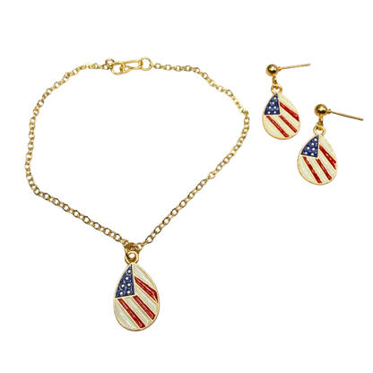 Red White Blue Teardrop Flag Patriotic Gold Doll Necklace & Earrings Set for 18 Inch Fashion Doll