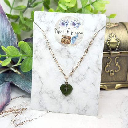 Green Jade Heart Charm with Carved Cross on Silver Chain Doll Necklace • 18 Inch Fashion Doll Jewelry
