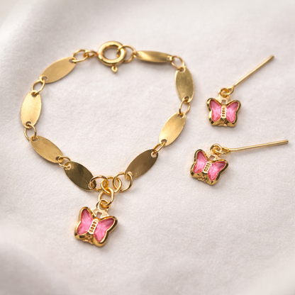 Pink Crystal Butterfly Charm Gold Oval Link Doll Necklace & Earrings • 14 Inch Fashion Doll Jewelry