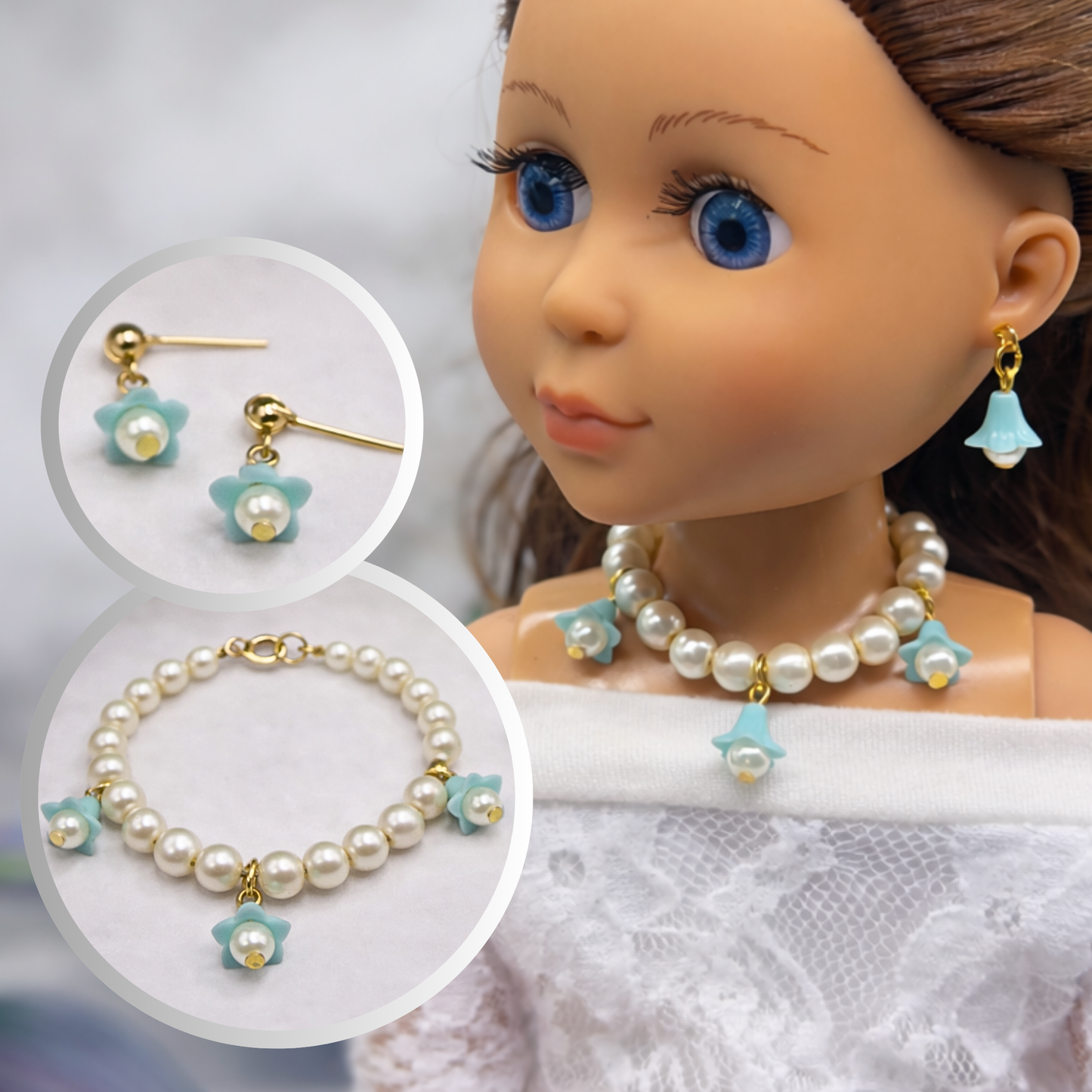 Turquoise Blue Bell Flower Dangle Pearl Beaded Doll Necklace & Earrings • 14 Inch Fashion Doll Jewelry