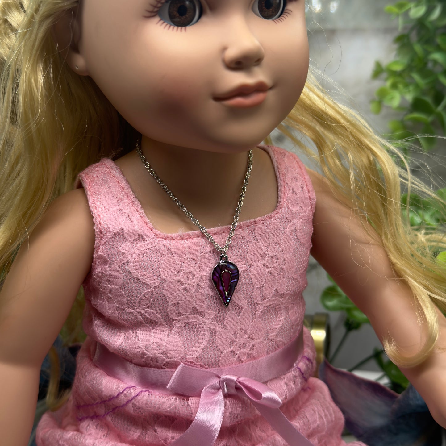 Teardrop Multi Color Abalone Charm Silver Chain Doll Necklace • 18” Doll Jewelry