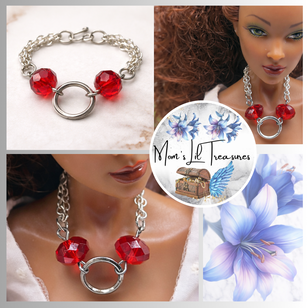 Red Faceted Acrylic Crystal Silver Ring Doll Necklace • 16 Inch Fashion Doll Jewelry