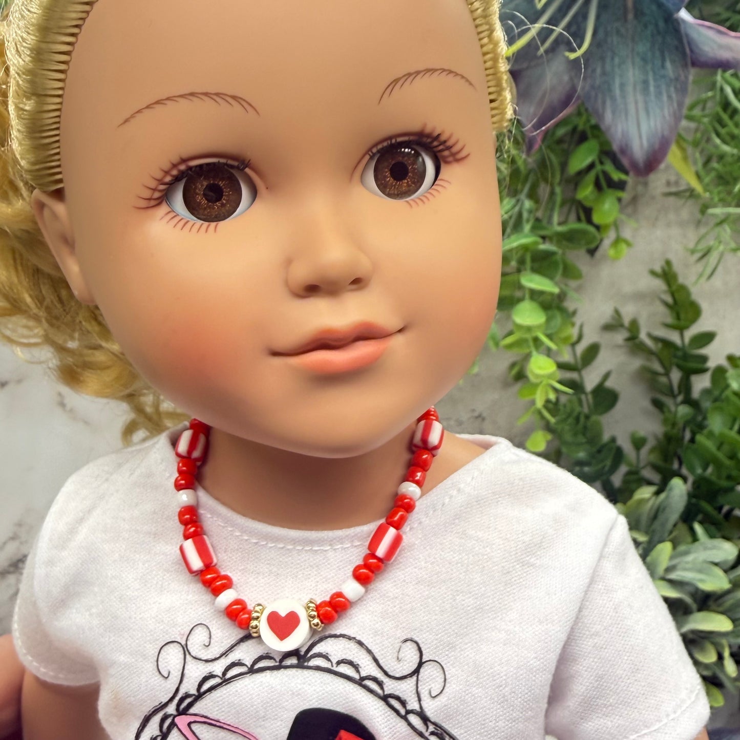 Red White Beaded Heart Valentine’s Day Doll Necklace • 18 Inch Fashion Doll Jewelry