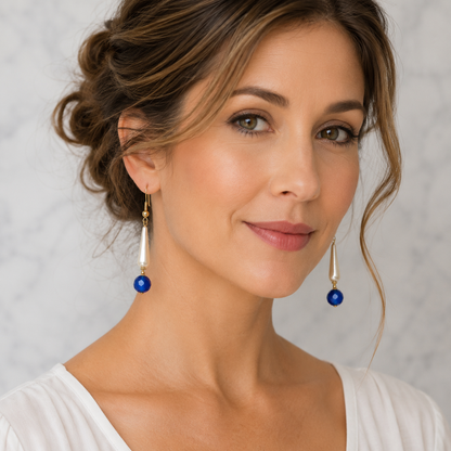 Elongated Teardrop Pearl & Blue Glass Crystal Dangle Earrings • Handmade