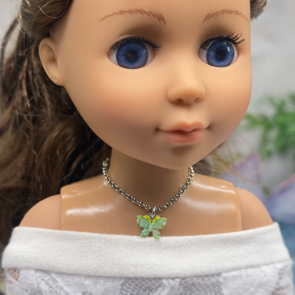 Green Yellow Butterfly Charm Silver Doll Necklace • 14 Inch Fashion Doll Jewelry