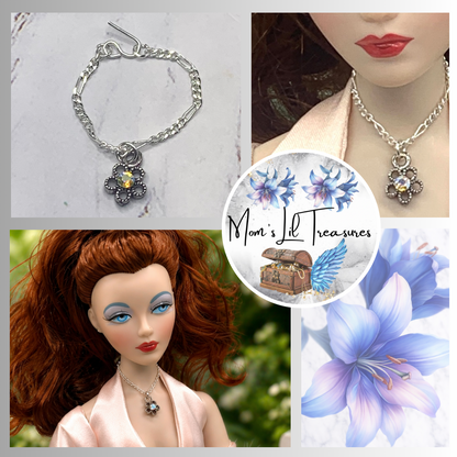 AB Rhinestone Flower Pendant Silver Chain Doll Necklace • 16 Inch Doll Jewelry