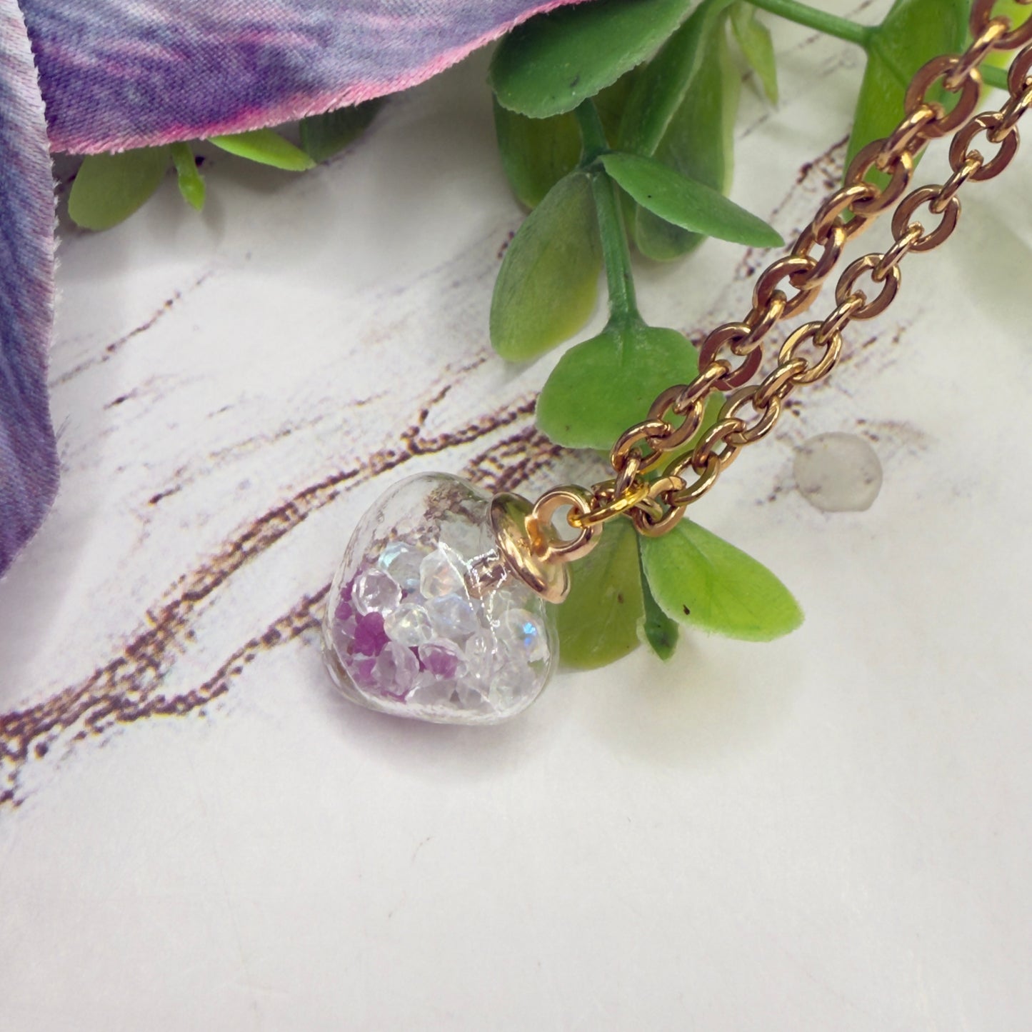 Glass Heart Shaped Pendant w/ Purple Clear Crystals (Glow in Dark) Gold Chain Doll Necklace • 18 Inch Fashion Doll Jewelry