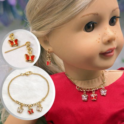 Red & Clear Butterfly Crystal Charms Gold Chain Doll Necklace and Earrings • 18 Inch Fashion Doll Jewelry