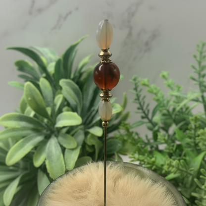Milky Glass & Brown Translucent Bead - Gold Tone 6” Pin • Hatpin - Stick Pin