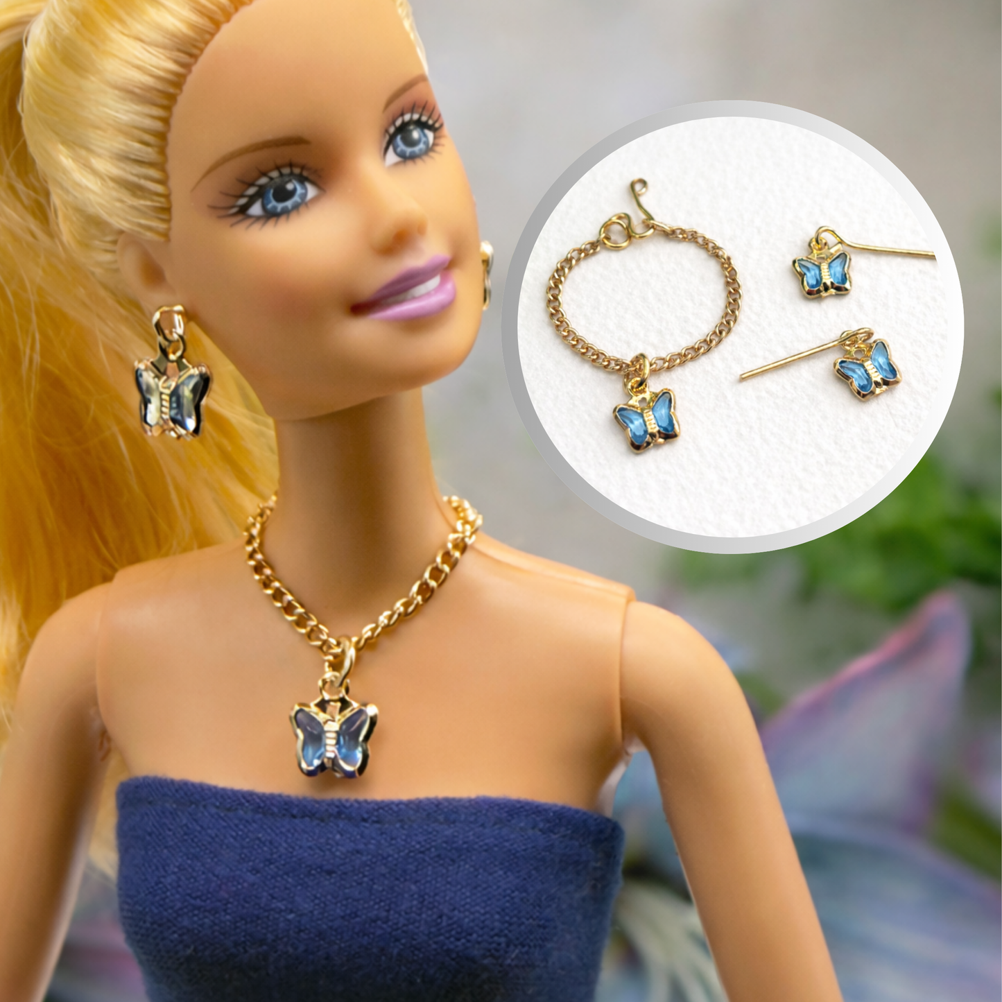 Blue Crystal Butterfly Charm Gold Chain Doll Necklace & Earrings • 10-12 Inch Fashion Doll Jewelry 1:6