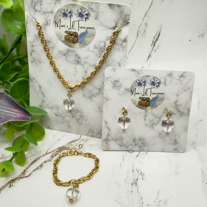 Clear Heart Charm Gold Chain Doll Necklace Bracelet & Earrings • 18 Inch Fashion Doll Jewelry