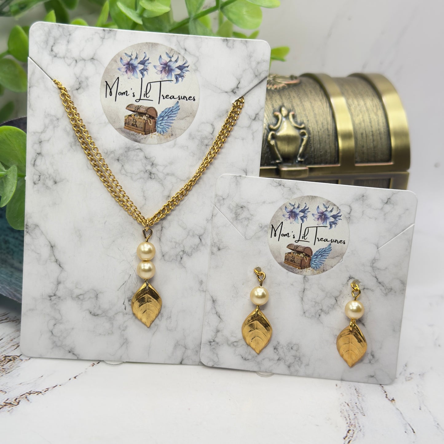 Gold Leaf & Pearl Dangle Doll Necklace & Earrings Set • 18 Inch Fashion Doll Jewelry