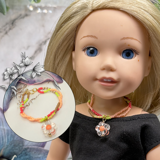 Clear Flower Charm Pink Green Coral Brown Beaded Doll Necklace • 14 Inch Fashion Doll Jewelry