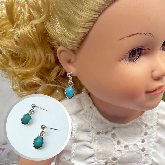 Oval Turquoise Dangle Silver Post Doll Earrings • 18 Inch Fashion Doll Jewelry