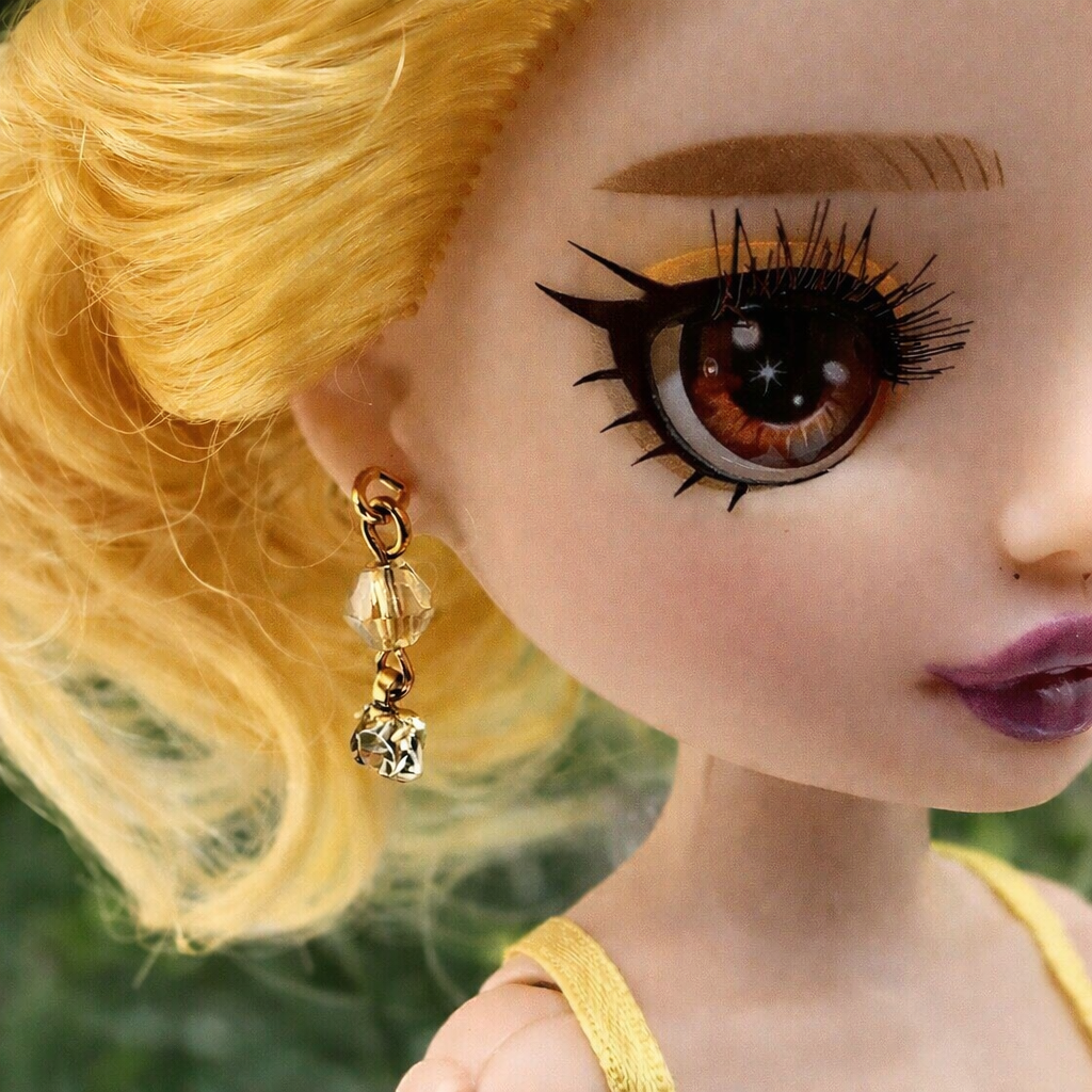 Amber Yellow Glass Crystal Rhinestone Dangle Doll Earrings • 10-12” Doll Jewelry