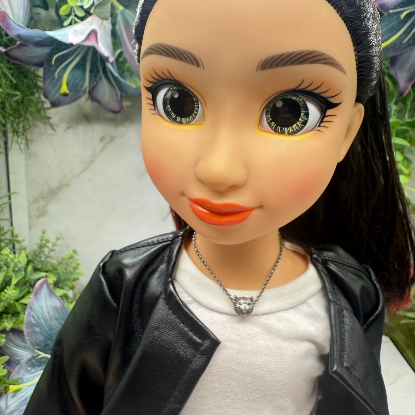 Silver Pewter Tone Cat Slide Charm Doll Necklace • 18 Inch Fashion Doll Jewelry