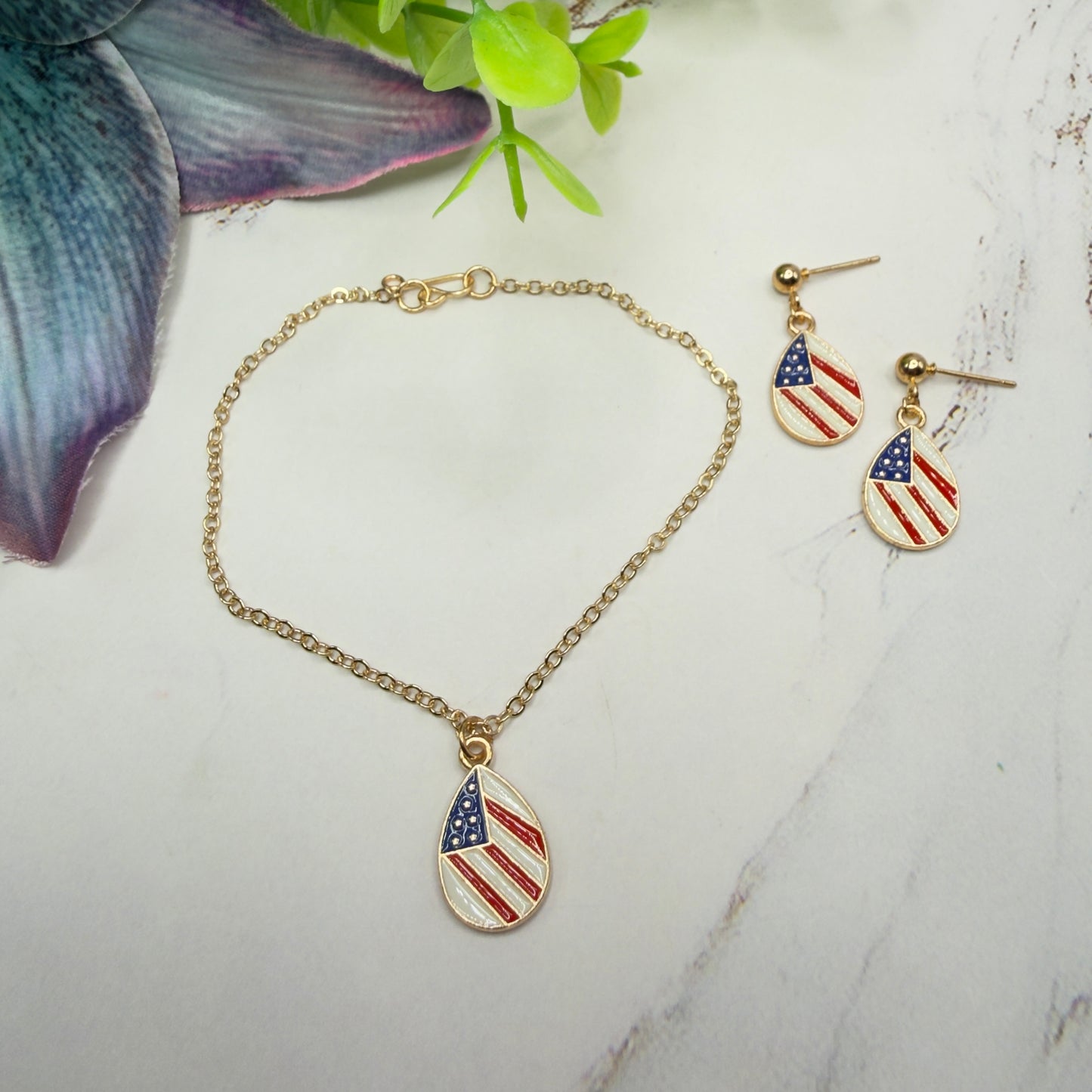 Red White Blue Teardrop Flag Patriotic Gold Doll Necklace & Earrings Set for 18 Inch Fashion Doll