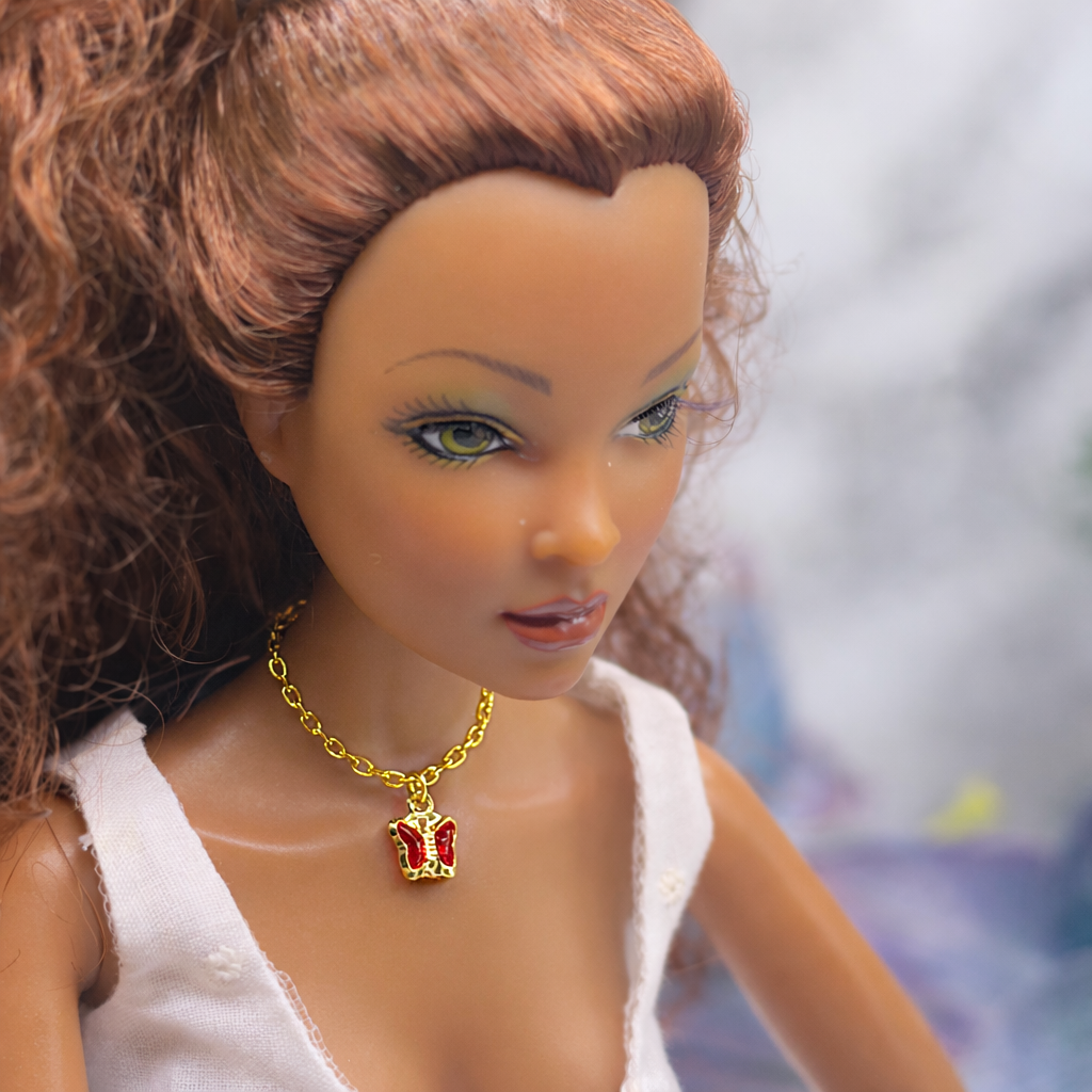 Gold Chain Red Crystal Butterfly Charm Doll Necklace • 16 Inch Fashion Doll Jewelry