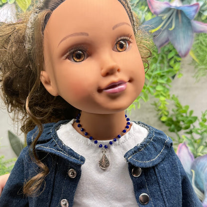 Blue Glass Crystal Beaded Chain Silver Teardrop Heart Flower Design Pendant Doll Necklace • 18 Inch Fashion Doll Jewelry