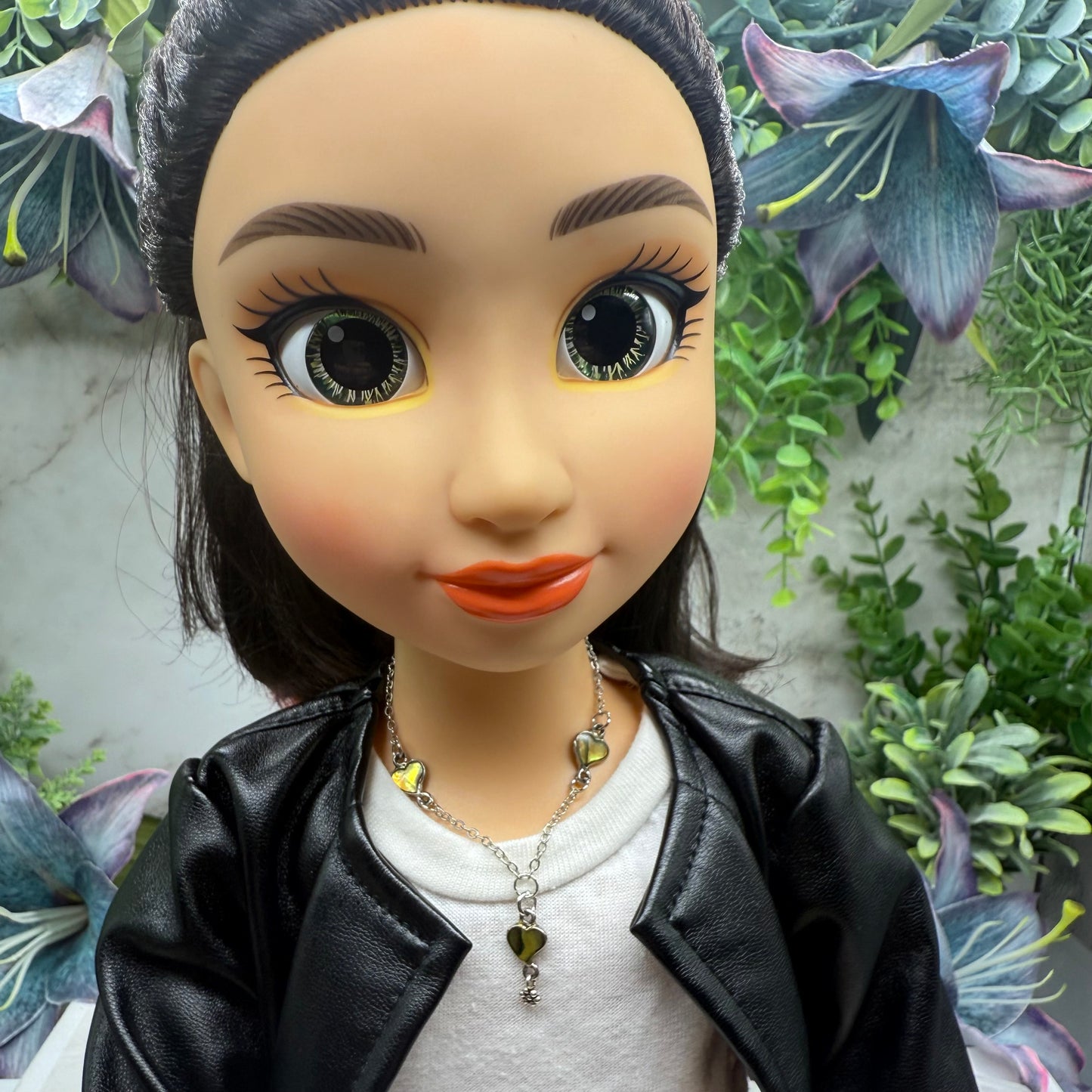 Green Multi Tone Abalone Heart Charm Y-Style Doll Necklace • 18 Inch Fashion Doll Jewelry