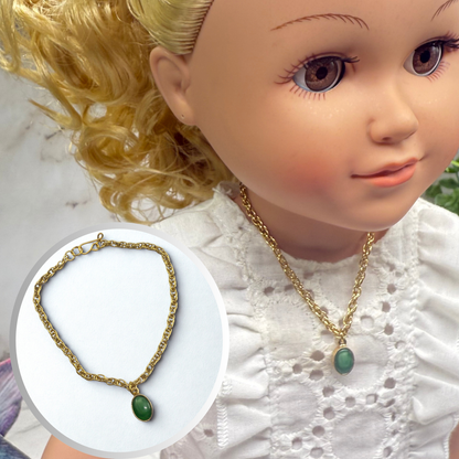 Green Oval Pendant Gold Chain Doll Necklace • 18 Inch Fashion Doll Jewelry