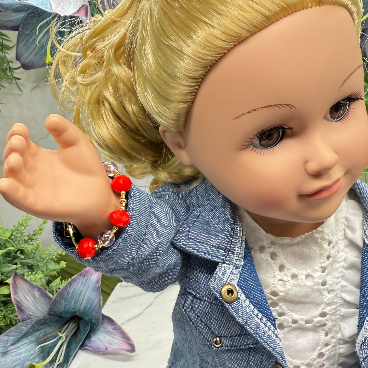 Red Clear Acrylic Crystal Bead Gold Doll Bracelet • 18 Inch Fashion Doll Jewelry