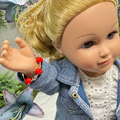Red Clear Acrylic Crystal Bead Gold Doll Bracelet • 18 Inch Fashion Doll Jewelry